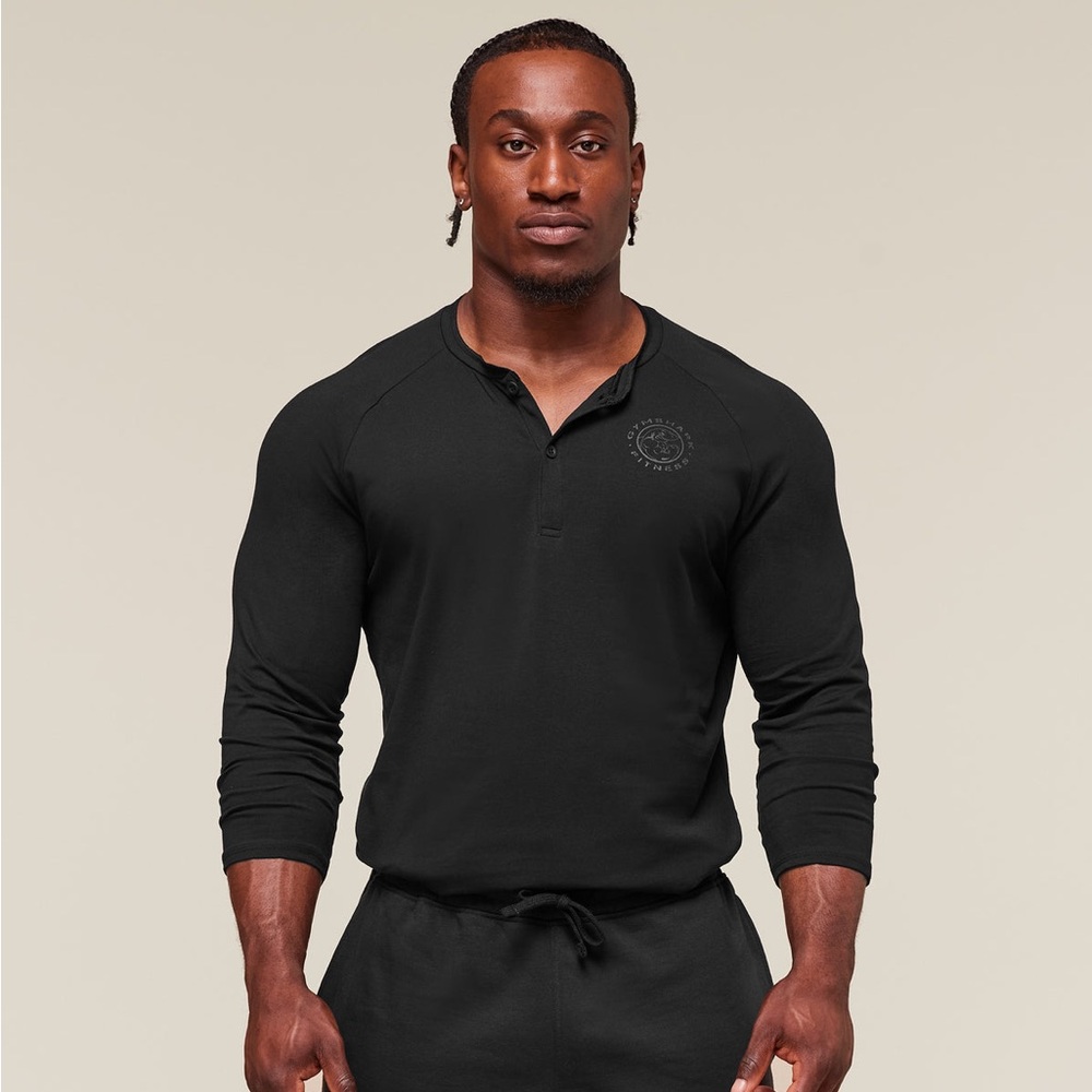 GYMSHARK Black 3/4 Sleeve Legacy Henley Shirt